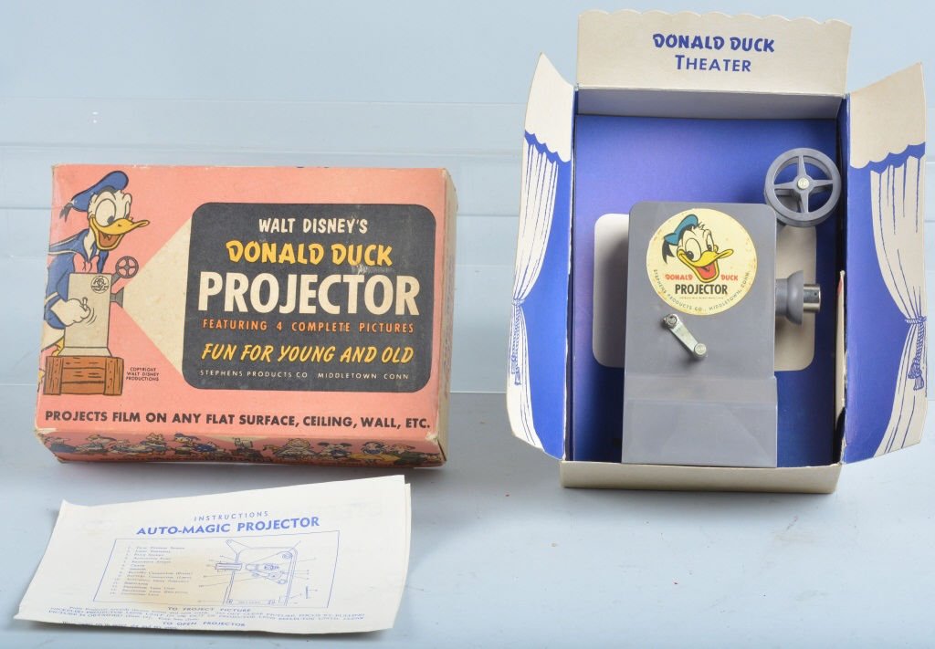 DONAL DUCK PROJECTOR w/ BOX: Nice Stephens Products Donald Duck Projector. Toy is all original with instructions. With Colorful Box. 9" Excellent