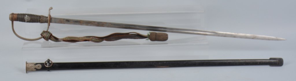 GERMAN WW2 NAZI POLICE OFFICER'S SWORD: WW2 German Police Officer's Sword. 31 1/2" straight blade, with dried grease, not pitted. Maker marked Herm. Rath Soligen. Original leather washer, perfect grips, with Nazi Police insignia, Guard has 