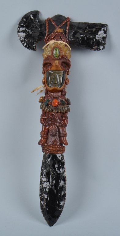 MODERN MAYAN CEREMONIAL SACRAFICE WAR CLUB: Beautiful hand carved Mayan ceremonial sacrifice war club. Carded from obsidian. Adorned with turquoise, cats eye, and other stones. Very nice details. 21" Excellent