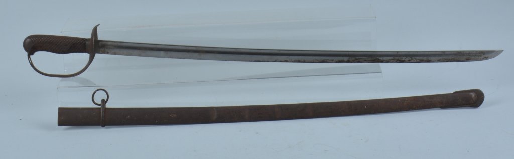 JAPANESE CAVALRY SWORD AND SCABBARD: Japanese Cavalry sword, 30 1/2" single fullered clean blade, some spots of dried grease, #60253, hilt tight, original washer, iron guard with correct checkered wood grips. Iron scabbard has dents and 