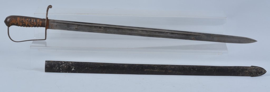 STAR M1818 NCO SWORD WITH SCABBARD: Star M1818 sword, 26 1/4" blade, near mint blade with minor edge dings, marked N. Starr US P over S. Original washer leather grip has minor scuffing, iron stirrup guard has staining but no rust or pit
