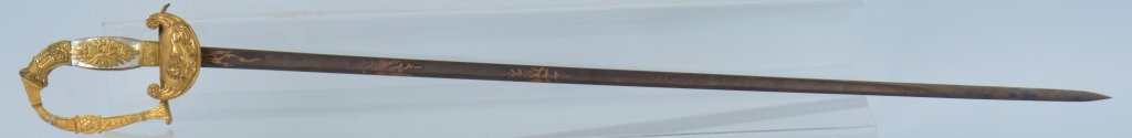 1830'S STROOLBERGER MUNCHEN OFFICER'S SWORD: 1830's Stoolberger Munech officer's sword, 29 1/2", near mint etched fire blue straight blade, original leather washer, Elaborate hilt has reclining lion on guard, and retains most of the gold wash. H
