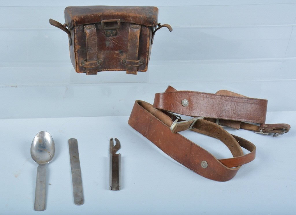 LOT OF GERMAN MILITARY ITEMS: Great lot with 2 knapsack straps, a WW1 leather medical kit box, along with a Nazi proofed 1942 mess utensil set. Very Good