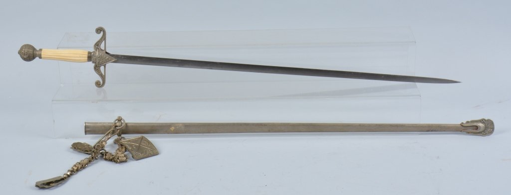 ORDER OF KNIGHTS OF FRIENDSHIP SWORD: Knights of Friendship fraternal sword, 28" elliptical near mint blade marked Germany, nickel plated cross guard and pommel, perfect fluted bone handle, scabbard is nickel plated and excellent, include