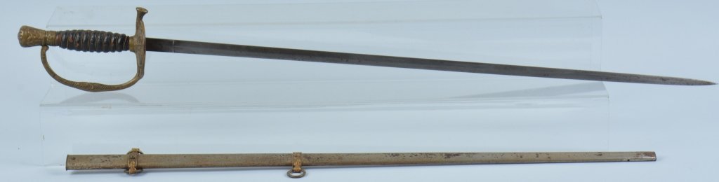 M1860 US STAFF OFFICER'S SWORD: Staff officer's sword, 27 1/2" diamond plain gray blade, marked SP in a shield, original washer, leather grip with scuffs and brass wire. Nicely cast guard with eagles, nickel scabbard minor wear, mis