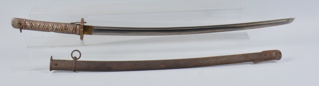 WWII JAPANESE NCO SWORD: Japanese NCO sword, 27 1/4" machine made single fuller bright blade. # 132154, Aluminum handle has wear, perfect arsenal marks, nicely cast Tsuba, metal scabbard with minor wear and surface rust. Very