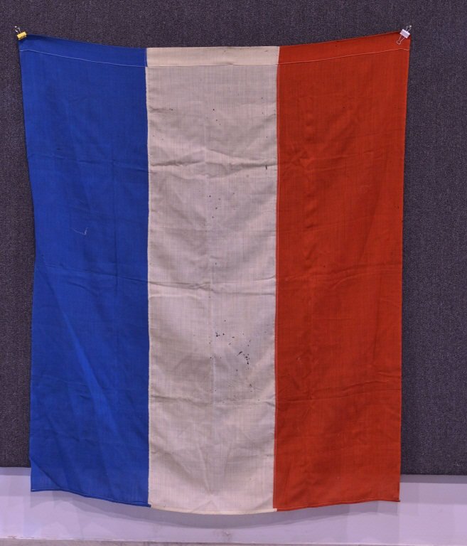 WWII FRENCH FLAG: Flag measures about 70" by 58", has some mothing and wear. Good