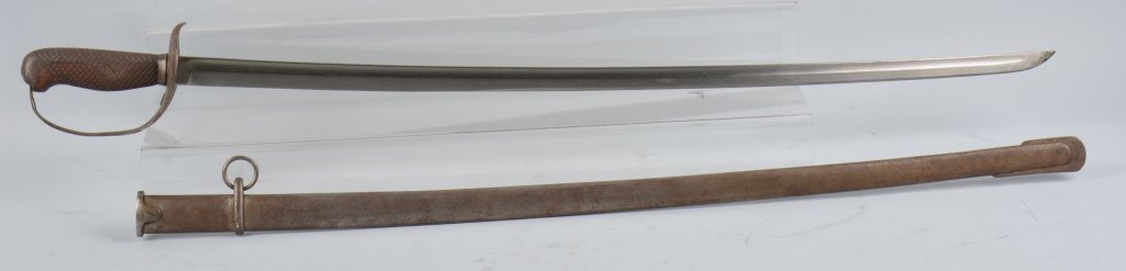 WWII JAPANESE CAVALRY SWORD: Japanese cavalry sword, 32 1/2'" single fullered bright blade #44534, Iron guard with wood grip, scabbard has light surface rust. Very Good-Excellent
