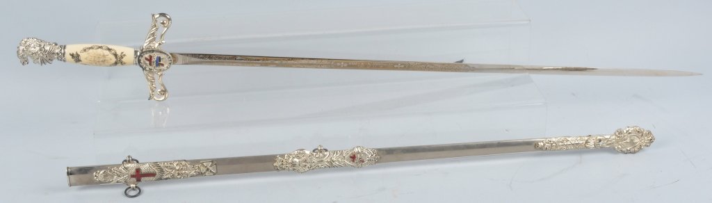 KNIGHTS TEMPLER FRATERNAL SWORD: Knights Templer sword made by Horstmann Philadelphia, 31" bright etched blade with gold wash. Perfect silvered guard with etched bone handle, Scabbard is excellent with enameled details. near Mint