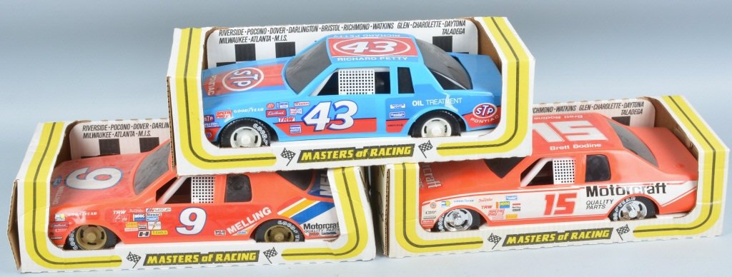 3- MASTERS OF RACING STOCK CARS MIB: Nice lot of 3 Masters of Racing Stock Cars. Includes Brett Bodine, Richard Petty, and Bill Elliot. All never played with still sealed in boxes. 17" Near Mint