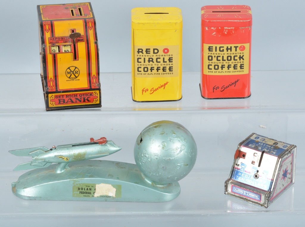 VINTAGE TIN BANKS Rocket, Cash Register, & More (1 of 3)