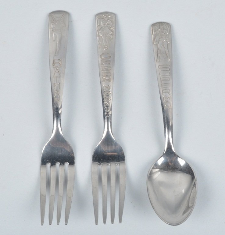 SUPERMAN, BATMAN, GREEN HORNET SILVER WARE: Lot includes 1960s Imperial Green Hornet Fork, Batman Fork, and Superman Spoon. Excellent