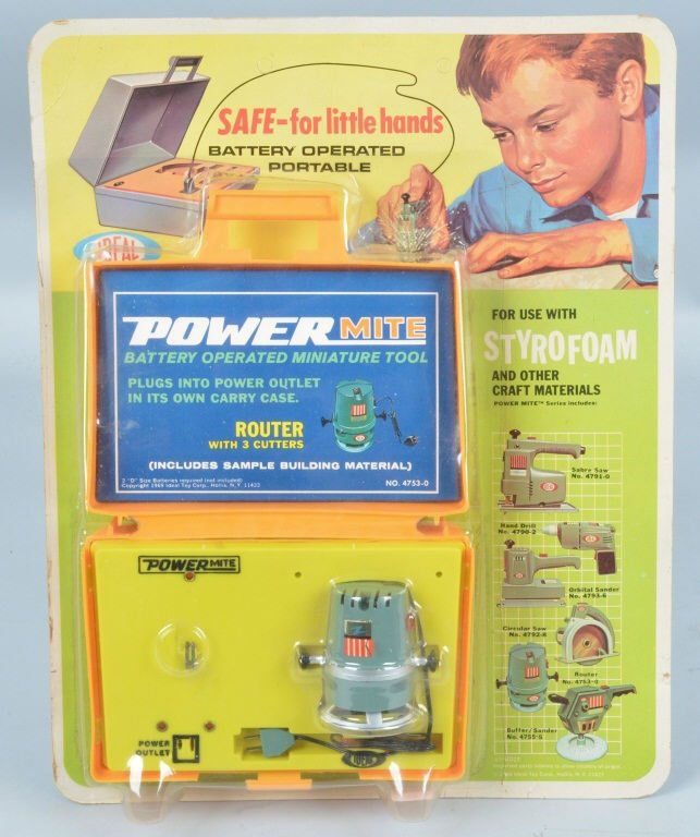 IDEAL Battery Op POWERMITE ROUTER MOC: 1969 Ideal battery op Powermite Router. Actual working mini router for use with craft projects. Toy is never played with still sealed on card. Card is unpunched and in great shape. Excellent