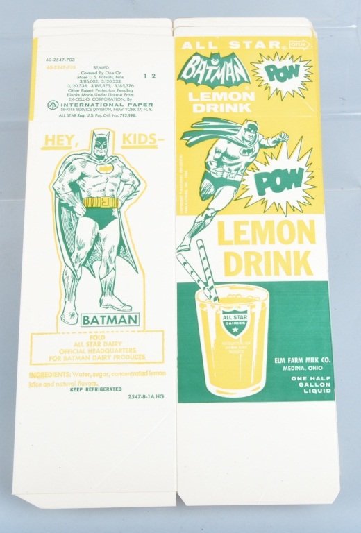 15- VINTAGE BATMAN LEMON DRINK unused CONTAINERS: Nice lot of 15 Vintage Batman unused Lemon Drink Containers. Great colors and image of Batman. Excellent