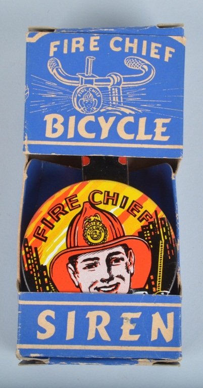 RANGER TIN FIRE CHEIF BICYCLE SIREN, BOXED: Nice new old stock bicycle siren with the original box. Measures 5 1/4", works. Excellent