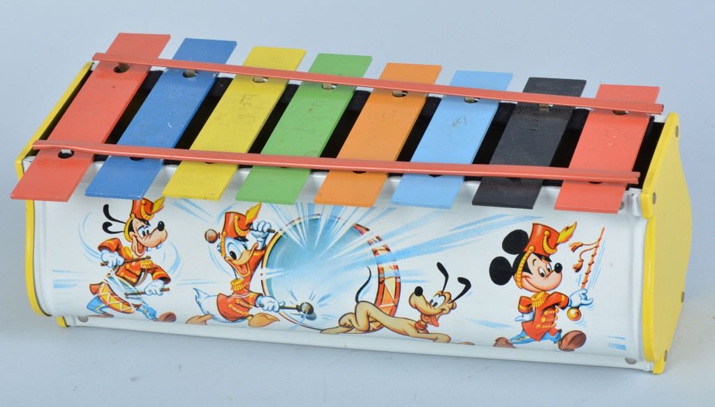 TUDOR WALT DISNEY XYLOPHONE w/ BOX: Nice Tudor Walt Disney Xylophone. Great colors and graphics of Disney Characters. Very light wear on keys. Comes with box. 13" Excellent
