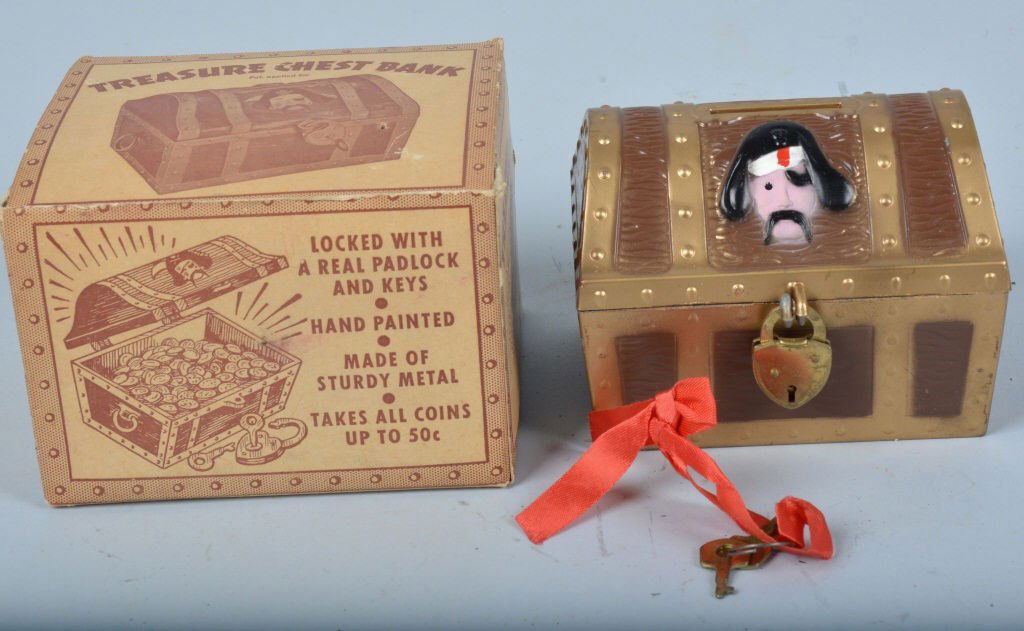 1950s PIRATE TREASURE CHEST BANK w/ BOX (1 of 5)