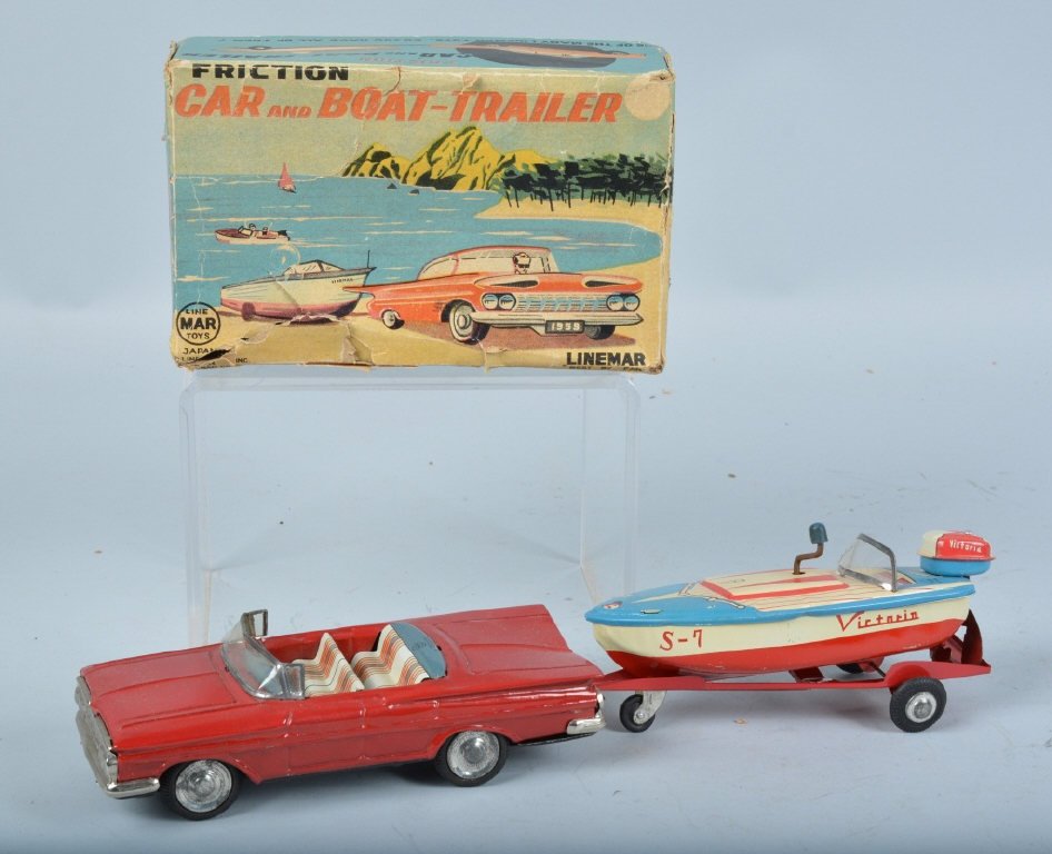 LINEMAR Tin Friction CAR and BOAT & TRAILER w/BOX (1 of 6)