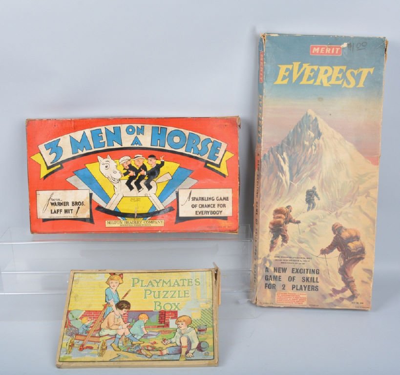 MT EVEREST GAME, 3 MEN ON HORSE GAME, & PUZZLE: Lot includes Merit Mt. Everest Game looks to be mostly complete with box, Milton Bradley 3 Men on a Horse Game looks mostly complete with box,. and Milton Bradley Playmates Puzzle Box looks complete w