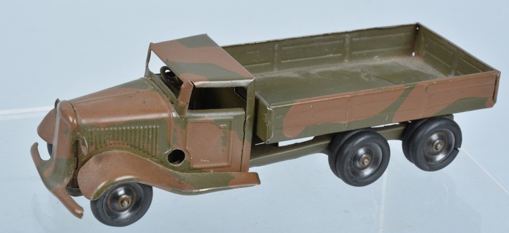 TRI-ANG MINIC MILITARY 10-WHEEL OPEN TRUCK: Excellent Minic tin windup 10-Wheel Open Truck. All original and looks never played with condition. Windup works. Excellent