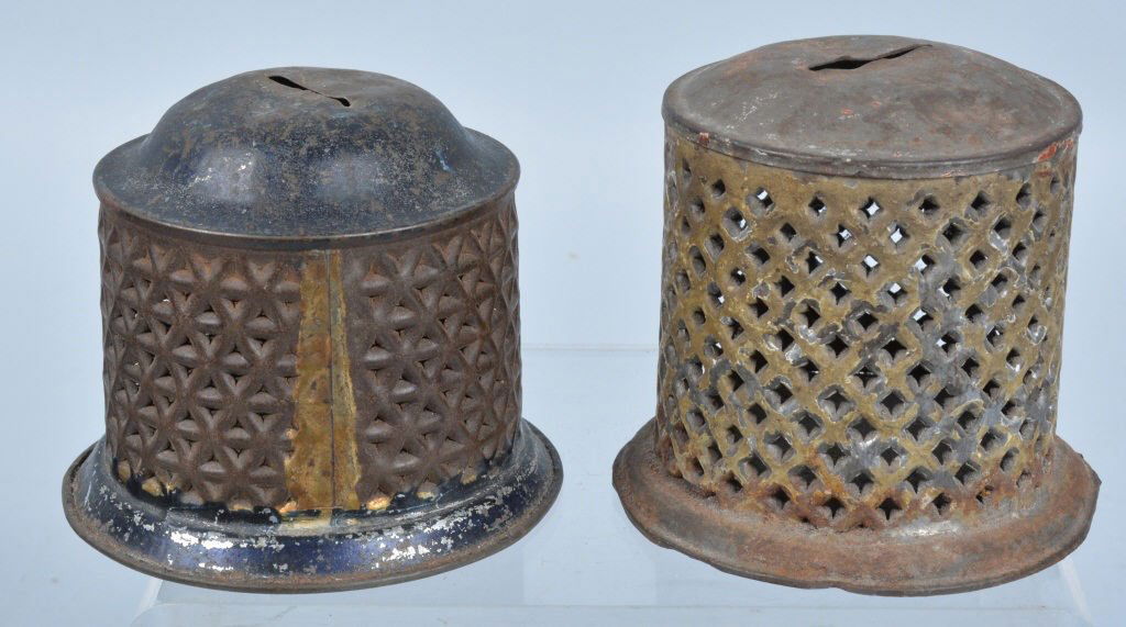 2- 1880s PIERCED TIN BEE HIVE BANKS (1 of 2)