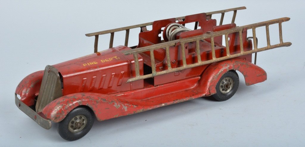 MARX Tin Windup LADDER FIRE TRUCK w/ SIREN: Marx tin windup Ladder Fire Truck with Siren. All original with ladders. Windup and siren work. Some wear. 14" Very Good