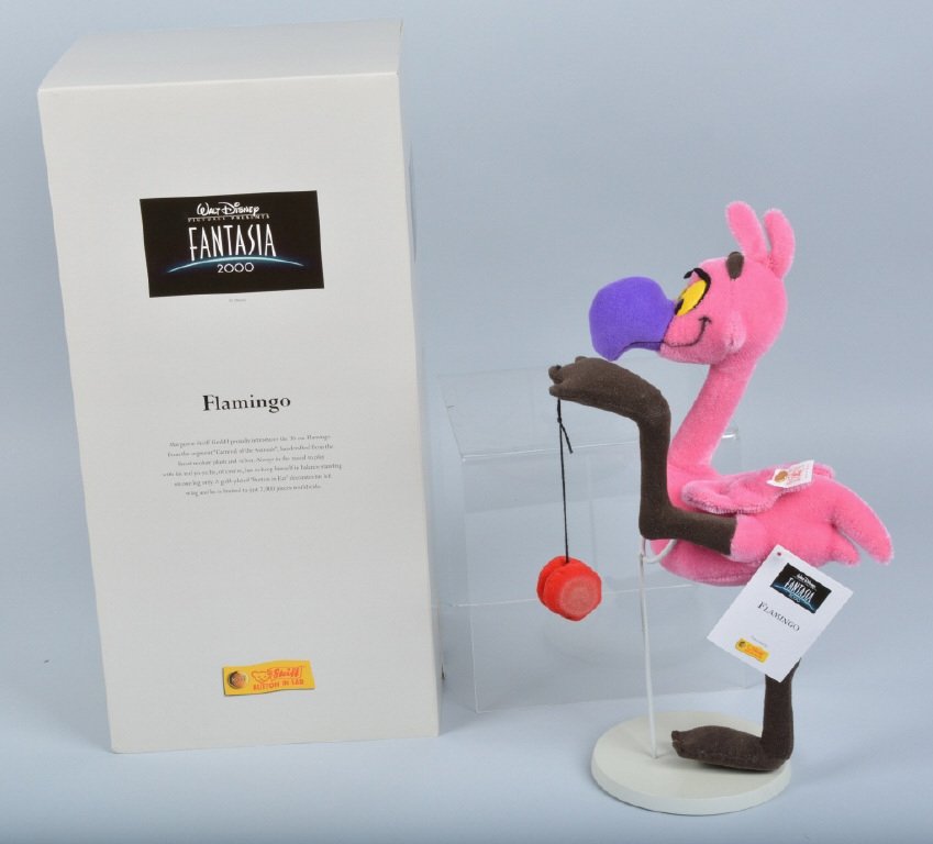 STEIFF FANTASIA 2000 FLAMINGO: Steiff Walt Disney Pictures Fantasia 2000 Flamingo. All original like new condition. Has button, tags, and box. Limited Edition of 2000. 12" Near Mint
