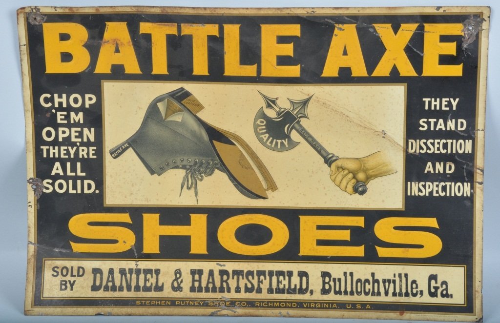 Early BATTLE AX SHOES TIN ADVERTIISING SIGN (1 of 3)