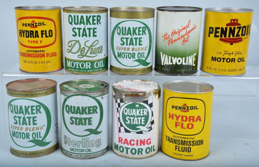 9- VINTGAE QUAKER STATE & PENNZOIL OIL CANS: Nice vintage cans. Some full. Very Good-Excellent