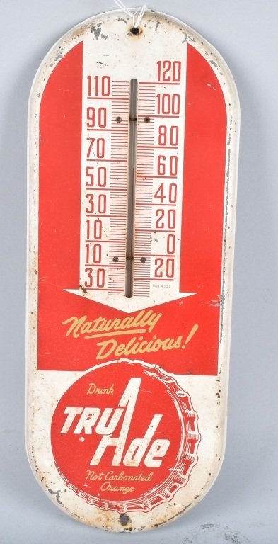 Vintage TRU ADE TIN THERMOMETER: All original with nice colors. 15" Very Good
