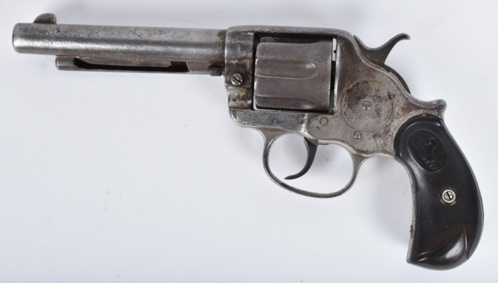 COLT M1878 FRONTIER .44 REVOLVER: SN 37183, MFG 1897, 5 1/2" barrel, faint markings, action works, missing ejector, grips good with a crack, blurred hammer screw. Good