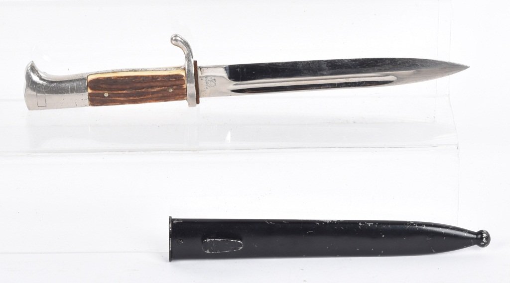 GERMAN SPITZER BAYONET, with STAG HANDLES: Beautiful example of this bayonet. Strong markings, mirror blade, excellent stag grips, nickel plated guard and hilt have light wear. Scabbard has 85% finish, Excellent