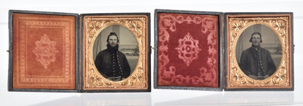 LOT OF 1/6 PLATE TINTYPES CIVIL WAR BROTHERS: Nice lot of 2 1/6 plate tintypes house in full leather cases. Both images were taken in front of the same back drop, and are reputed to be brothers Henry and John Kuntz of Co. E 78th Illinois. Nice cl