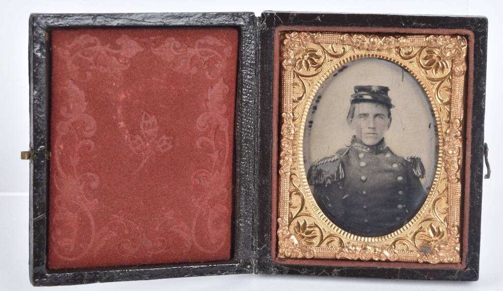 CIVIL WAR 1/9 PLATE CONFEDERATE, 5TH GEORGIA: Very nice image that was illustrated in William A. Albaugh III, MORE CONFEDERATE FACES. The image is a tintype of a young soldier wearing a kepi with a 6 pointed star, and jacket with epaulettes. Scra
