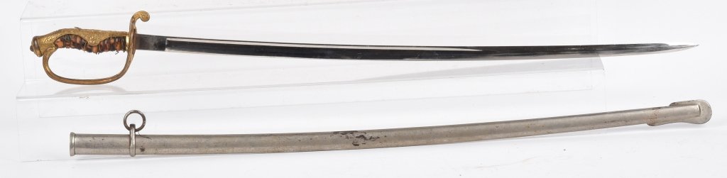 WW2 JAPANESE OFFICER'S SWORD: 27" mirror blade, excellent hilt with tortoise shell grip, wire wrap is missing in spots, very good scabbard with some nickel loss. Excellent