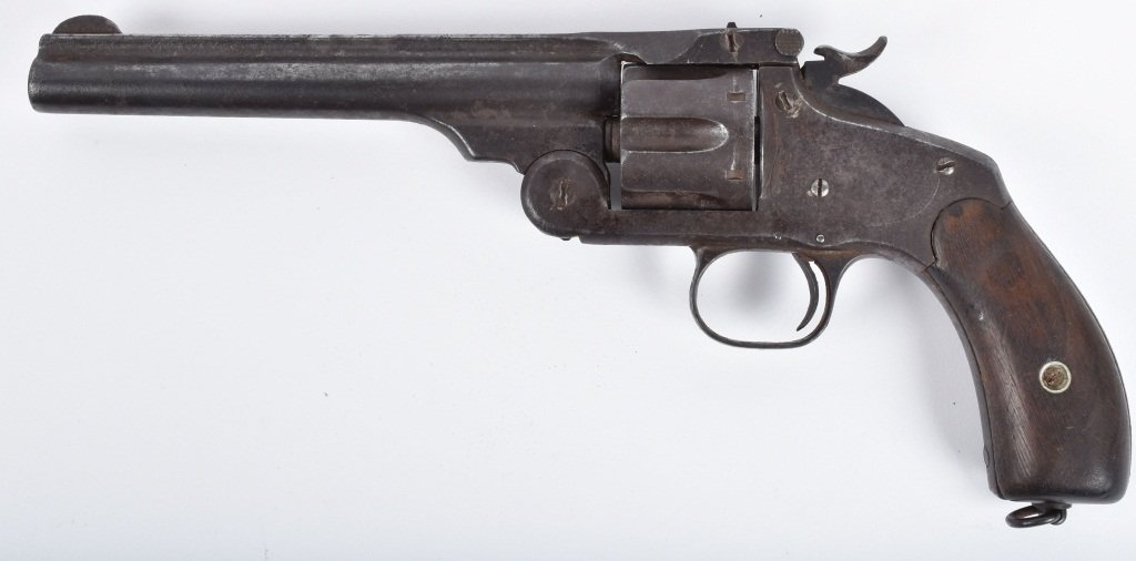 SMITH & WESSON SINGLE ACTION .44 REVOLVER: 6 1/2" barrel, dark metal, some dings on barrel flat , weak markings, good wood grips, crisp action, Good *