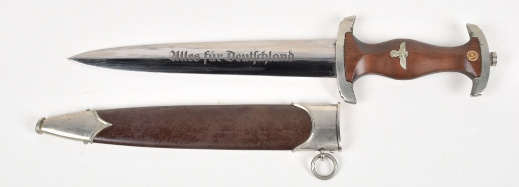 NAZI GERMAN SA DAGGER & SCABBARD EICKHORN: Measures 13 1/4" overall, mirror blade with deep etching and strong makers mark. Excellent grip, scabbard is excellent with light wear. A great example of an SA dagger. Excellent