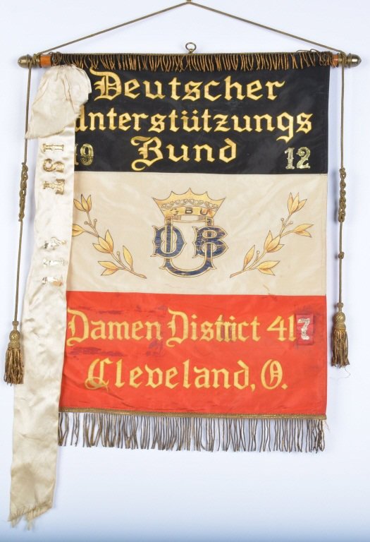 GERMAN AMERICAN SILK BUND BANNER CLEVE. OHIO 1912: Scarce banner measures about 25" by 20", nice colors with some staining and wear. Very Good