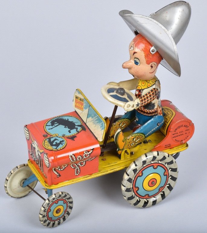 UNIQUE ART Tin Windup RODEO JOE CRAZY CAR: All original with great colors and details. Windup works. 8" Excellent