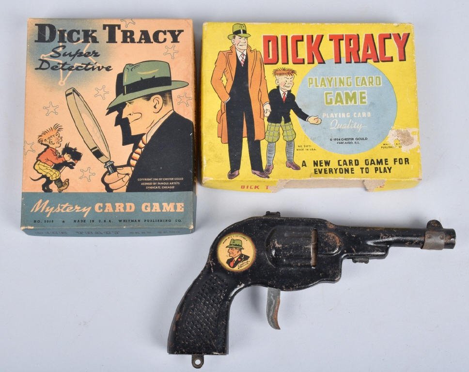 DICK TRACY CORK GUN and 2 CARD GAMES: Nice working Dick Tracy cork gun, Dick Tracy playing card game with box, and Dick Tracy mystery card game with box. Very Good-Excellent