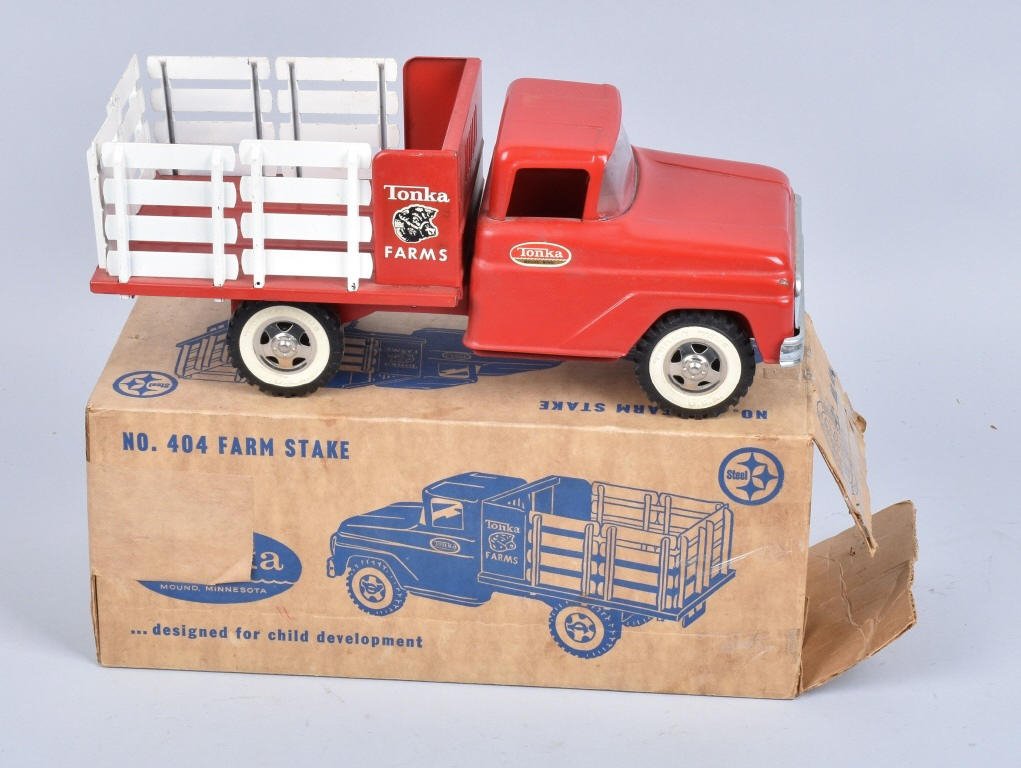 TONKA #404 FARM STAKE TRUCK w/ BOX: Excellent original Tonka truck. Looks never played with. Great paint and decals. With Box. 14" Near Mint
