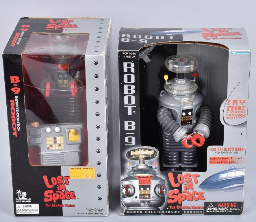 2- TOY ISLAND LOST IN SPACE ROBOTS w/ BOX: Both mint sealed in box. 12" Near Mint