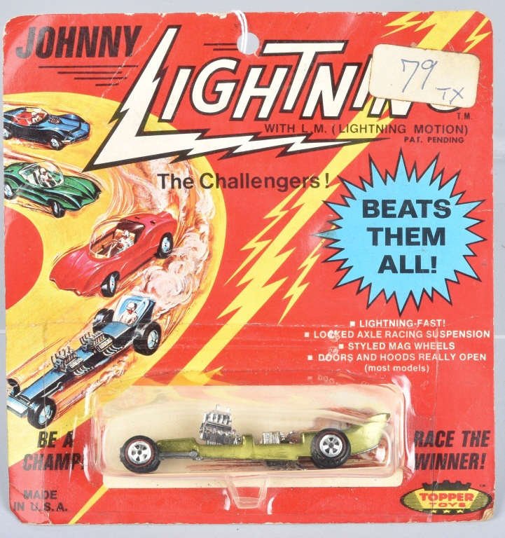 60s JOHNNY LIGHTING SUPER TWIN ENGINE DRAGSTER MOC: This card is in great shape with minor shelf wear and some creases. bubble is good shape. Very Good