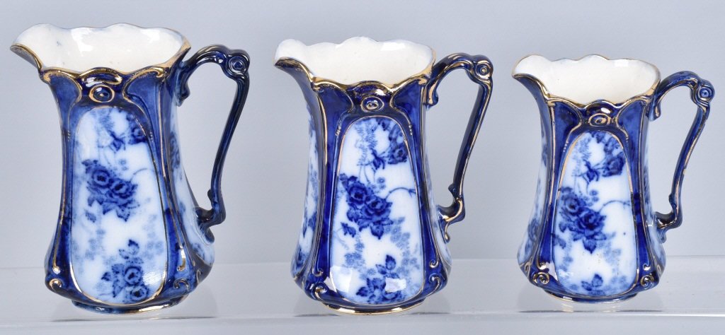 Lot of 3 FLOW BLUE PITCHERS, VINTAGE (1 of 4)