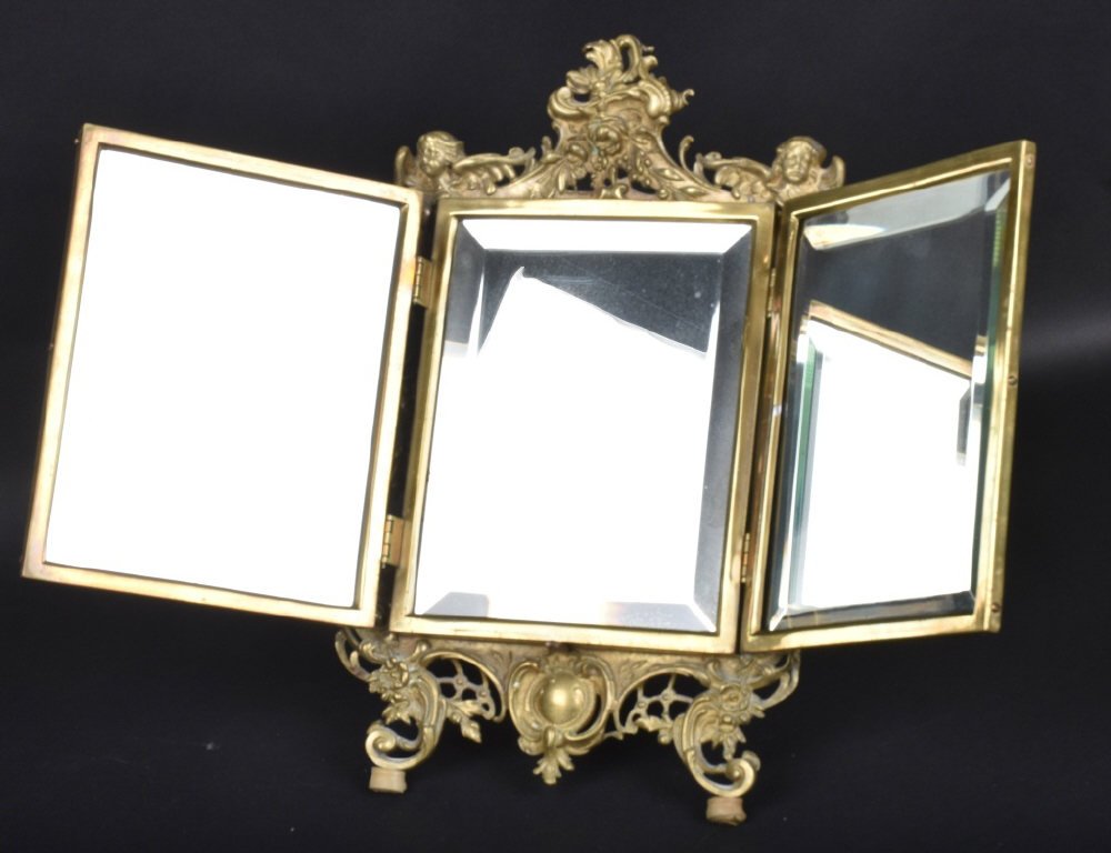 VICTORIAN BRASS TRI FOLD BEVELED GLASS MIRROR (1 of 5)