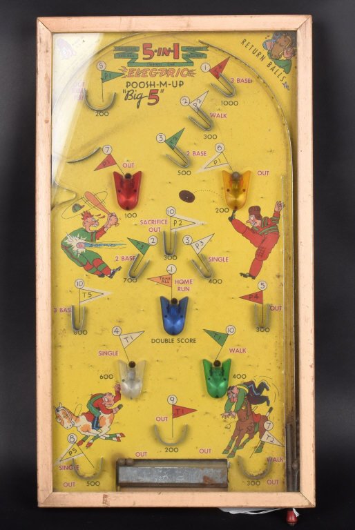 ELCTRIC 5-IN-1 PIN BALL GAME, VINTAGE: Measures 23" by 13", and is wood framed with a glass top. Works well. Has general wear. Very Good