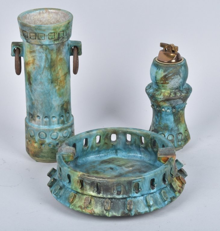 Lot of 3 ITALIAN POTTERY SMOKING SET: Ashtray is 7 1/2" diameter, and lighter is 7 1/2" high. Nice colors. Excellent