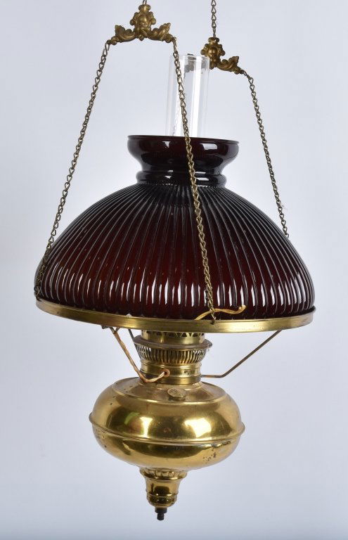 ANTIQUE RAYO HANGING BRASS LAMP with SHADE (1 of 4)