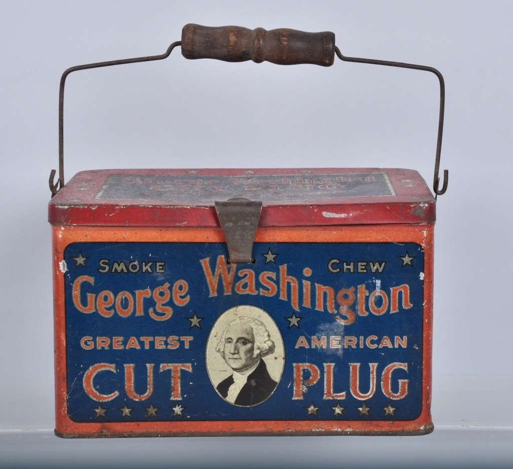 GEORGE WASHINGTON CUT PLUG TOBACCO TIN, VINTAGE: Measures 7" by 4" by 4", and has nice graphics. General wear. very Good