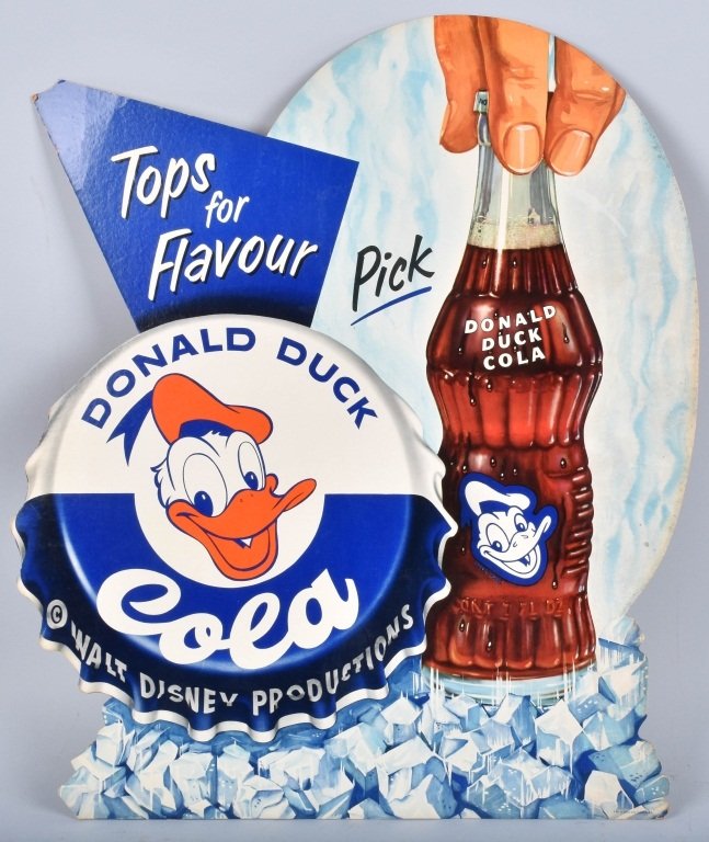 DONALD DUCK COLA, COUNTER SIGN, VINTAGE: Measures 25" by 21" has great colors and graphics. Small piece missing at tip over Tops for Flavor. Excellent